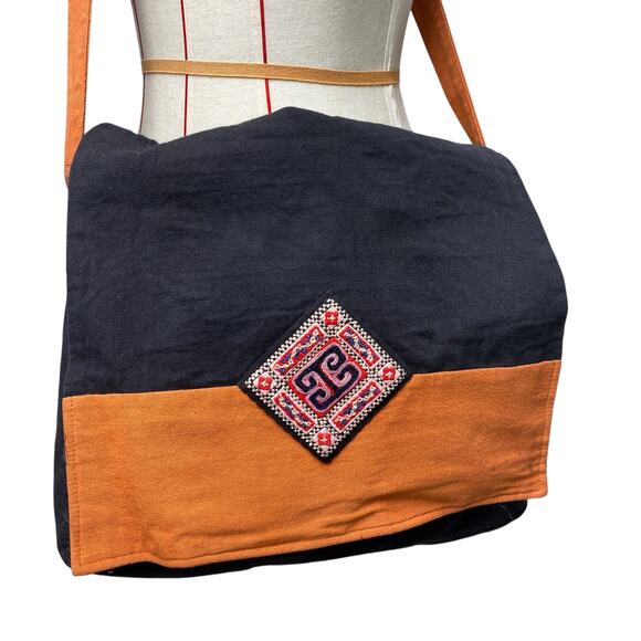 Craft Link Vietnam Orange Colorblock Embroidered Diamond Flap Messenger Bag - Picture 2 of 8